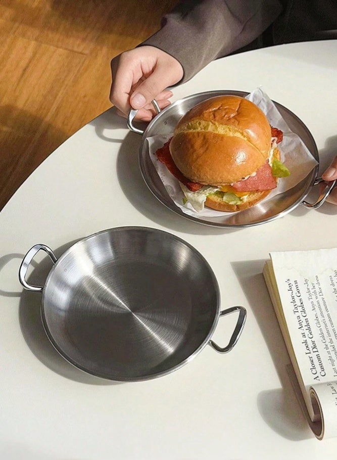 ميدي طقم أطباق من الفولاذ المقاوم للصدأ مكون من 3 قطع - أطباق إفطار ووجبات خفيفة على الطراز الكوري، أطباق منزلية ومطاعم للبطاطس المقلية والدجاج المقلي والبرجر، صواني تقديم معدنية سميكة، أطباق حلويات وفواكه عالية الجودة، طقم أدوات مائدة قابل للتكديس والتخزين - Image 3